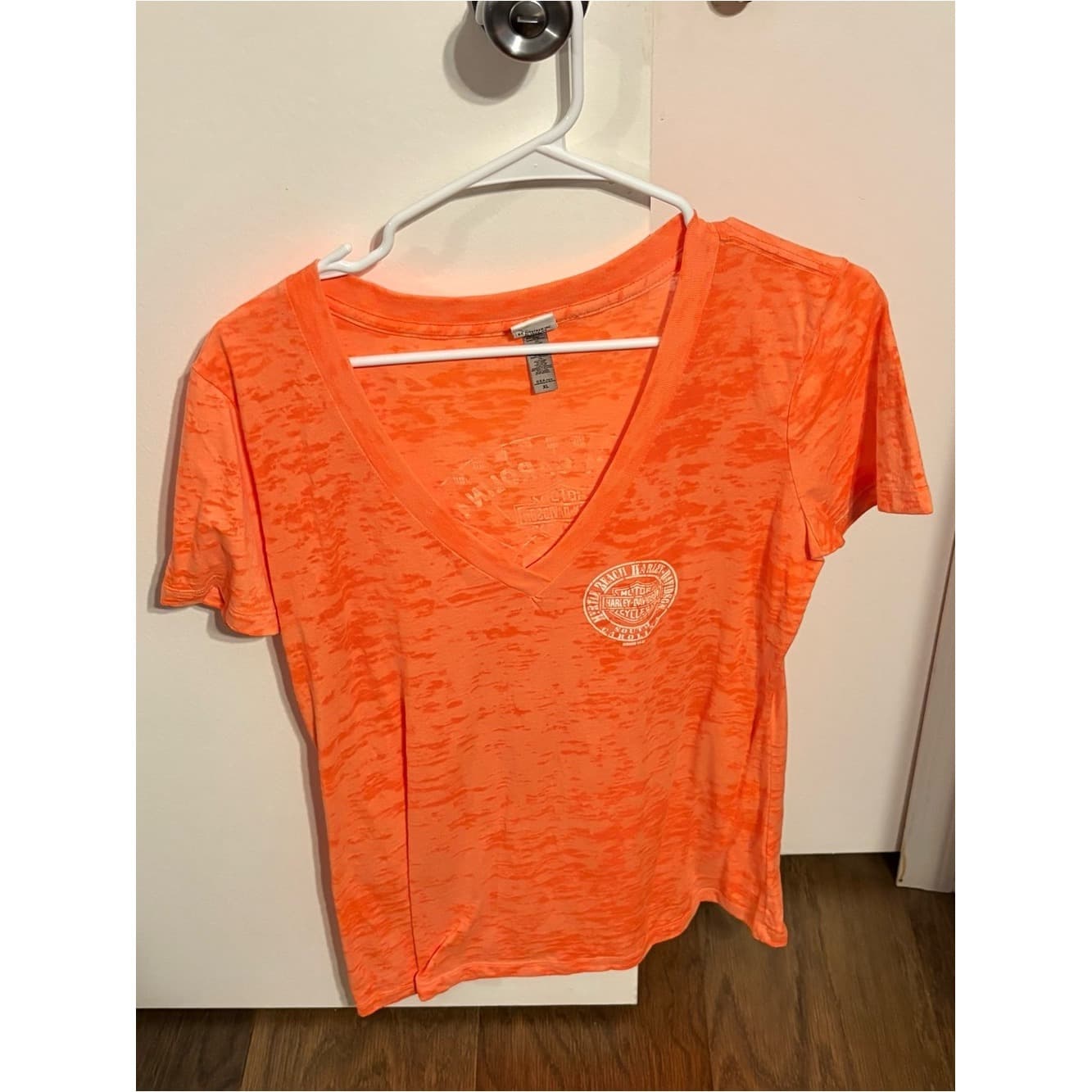 Harley Davidson Myrtle Beach Burnout V-Neck tee in Bright Orange