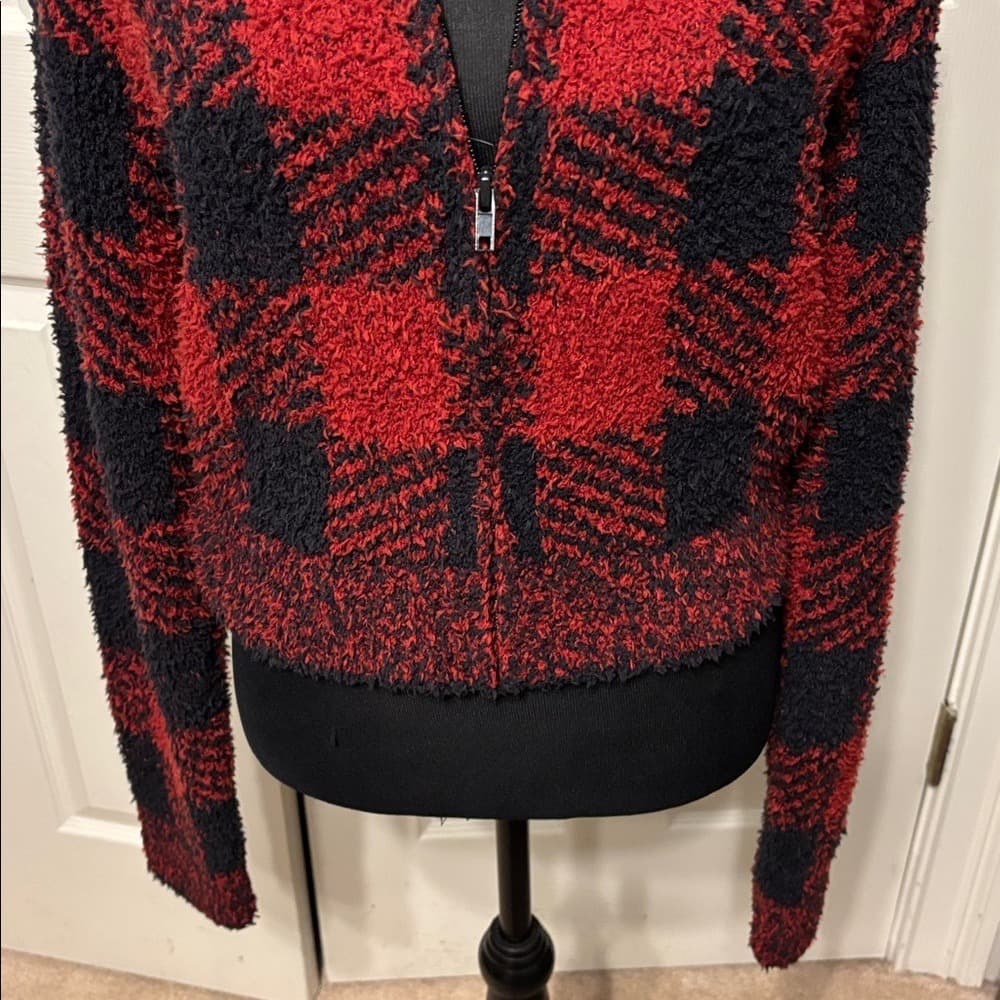 SKIMS Red and Black Plaid Zip-Up Cozy Jacket - Thumbnail 4