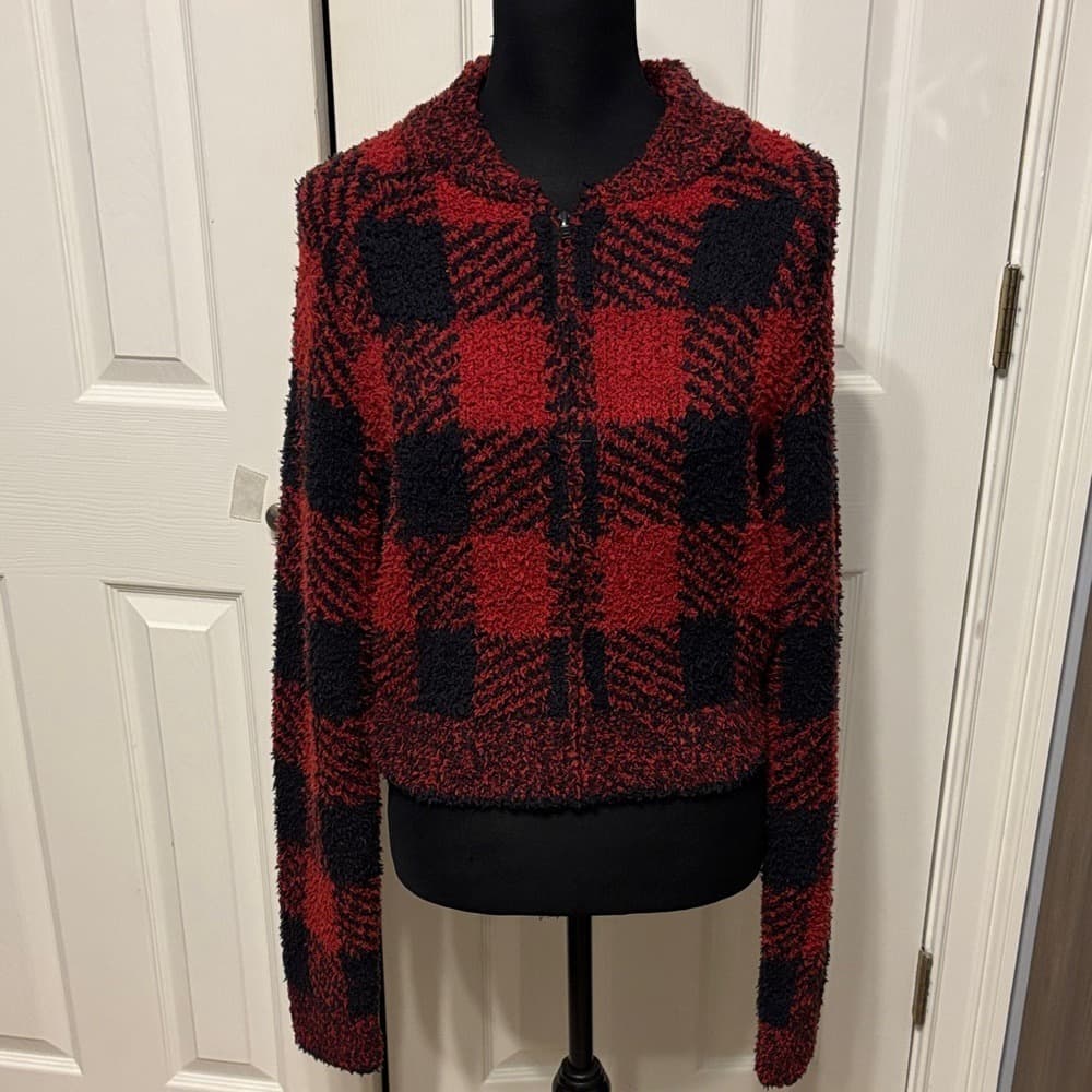 SKIMS Red and Black Plaid Zip-Up Cozy Jacket