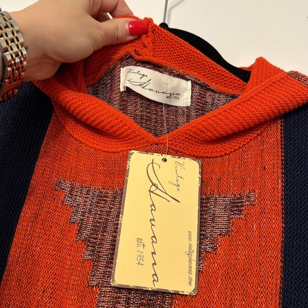 Vintage Havana Orange and Navy Fringe Poncho Sweater - Thumbnail 5