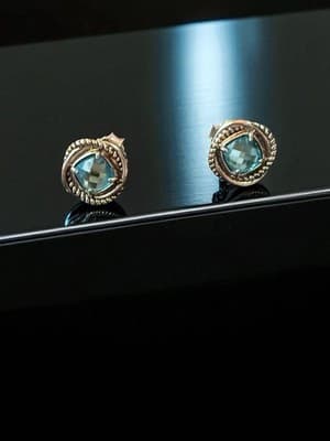 David Yurman Sterling Silver 14k Earrings Blue Topaz Cushion Albino - Thumbnail 3