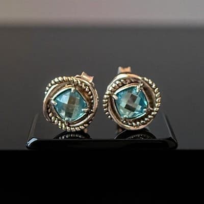 David Yurman Sterling Silver 14k Earrings Blue Topaz Cushion Albino - Image 1