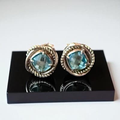 David Yurman Sterling Silver 14k Earrings Blue Topaz Cushion Albino - Thumbnail 2
