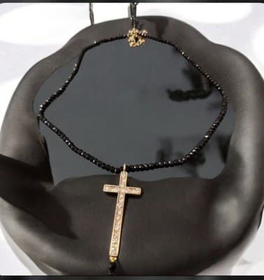 Heidi Daus Black Long Necklace 32 Inches With Gold Cross In The Middle - Thumbnail 3