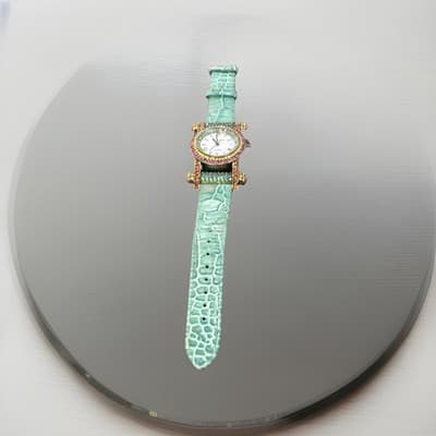 Heidi Daus Square Crystal Watch w Turquoise Green Leather Band & Roman Numerals - Thumbnail 7