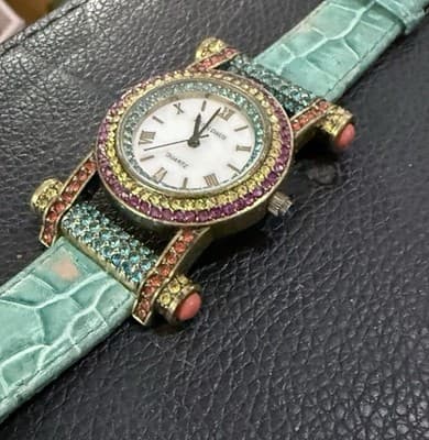 Heidi Daus Square Crystal Watch w Turquoise Green Leather Band & Roman Numerals - Thumbnail 6