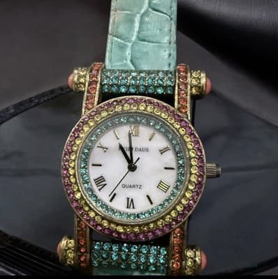 Heidi Daus Square Crystal Watch w Turquoise Green Leather Band & Roman Numerals - Thumbnail 2