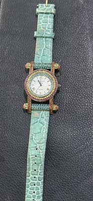 Heidi Daus Square Crystal Watch w Turquoise Green Leather Band & Roman Numerals - Thumbnail 8