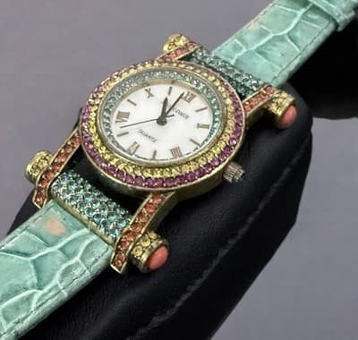 Heidi Daus Square Crystal Watch w Turquoise Green Leather Band & Roman Numerals - Image 1