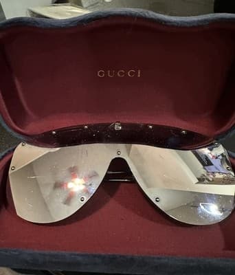 Authentic Gucci Logo Studded Lens Silver Plated Metal Shield Sunglasses Gg0687s - Image 1