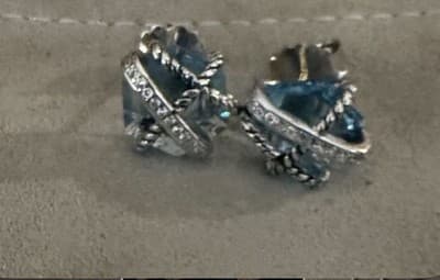 David Yurman Sterling Silver Blue Topaz And Diamonds Cable Wrap Stud Earrings - Thumbnail 5