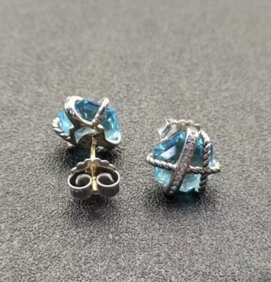 David Yurman Sterling Silver Blue Topaz And Diamonds Cable Wrap Stud Earrings - Thumbnail 4