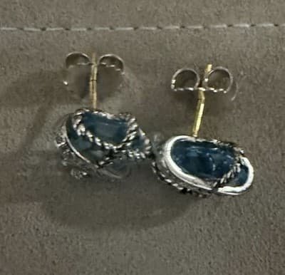 David Yurman Sterling Silver Blue Topaz And Diamonds Cable Wrap Stud Earrings - Thumbnail 2
