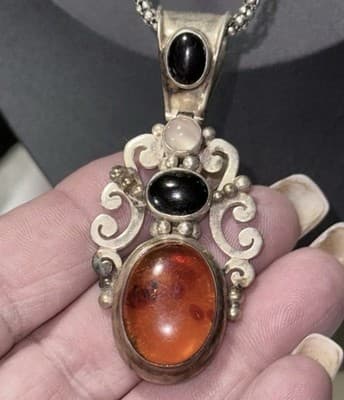 Sterling BA Suarti Amber, onyx, moon stone pendant With 22 In. Ss Necklace - Thumbnail 2