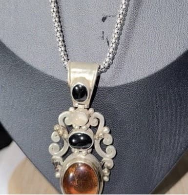 Sterling BA Suarti Amber, onyx, moon stone pendant With 22 In. Ss Necklace - Thumbnail 4