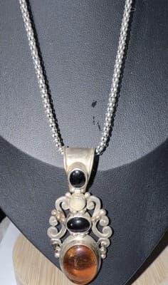 Sterling BA Suarti Amber, onyx, moon stone pendant With 22 In. Ss Necklace - Thumbnail 10