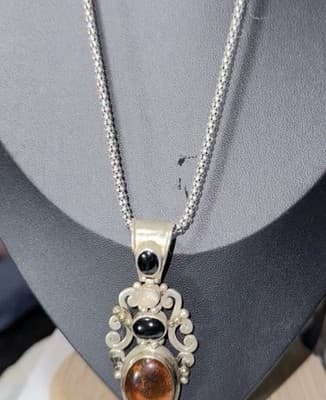 Sterling BA Suarti Amber, onyx, moon stone pendant With 22 In. Ss Necklace - Thumbnail 3
