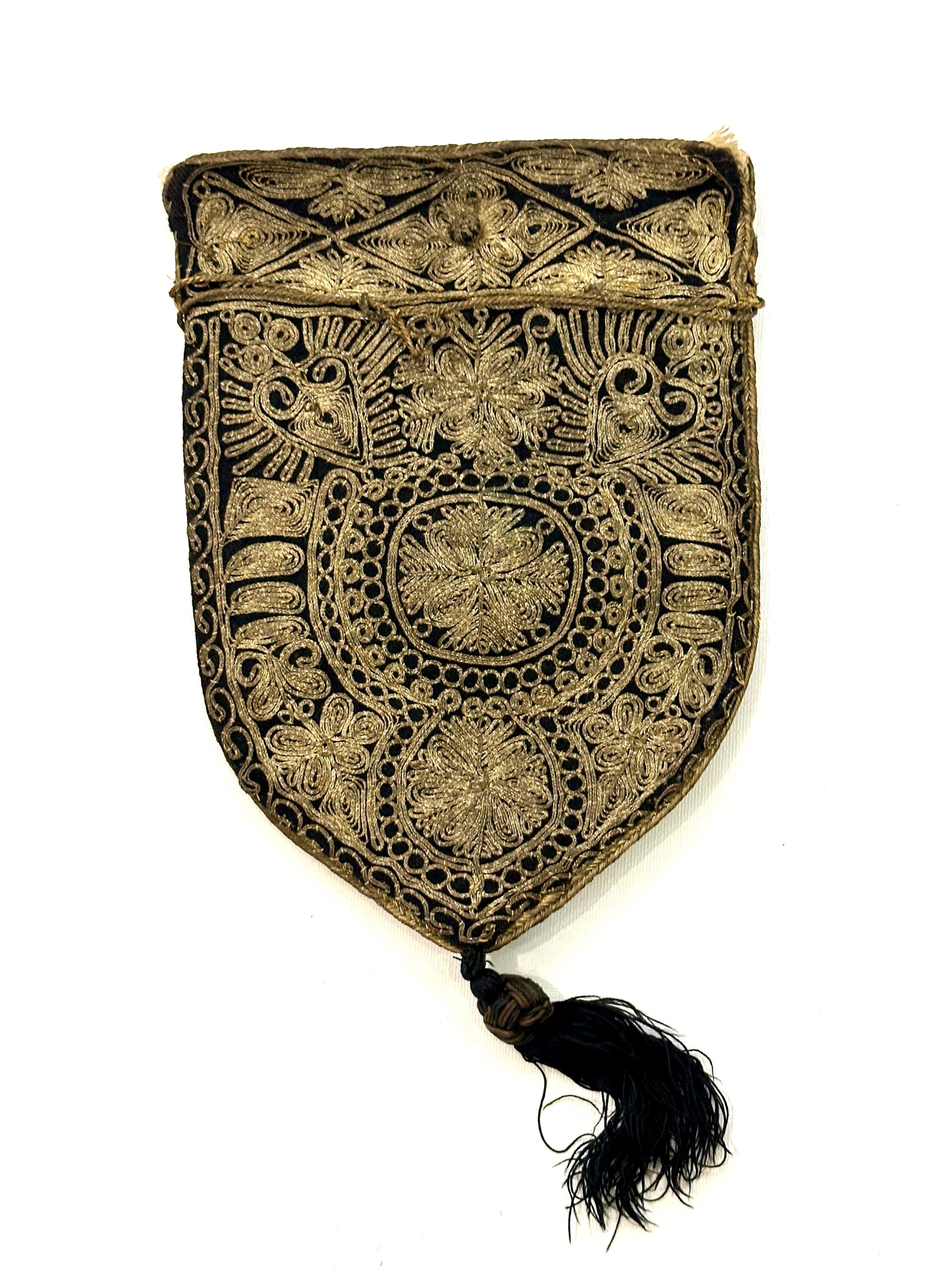 1920s Antique Embroidered Turkish Ottoman Textile Pouch with Tassel - Thumbnail 5