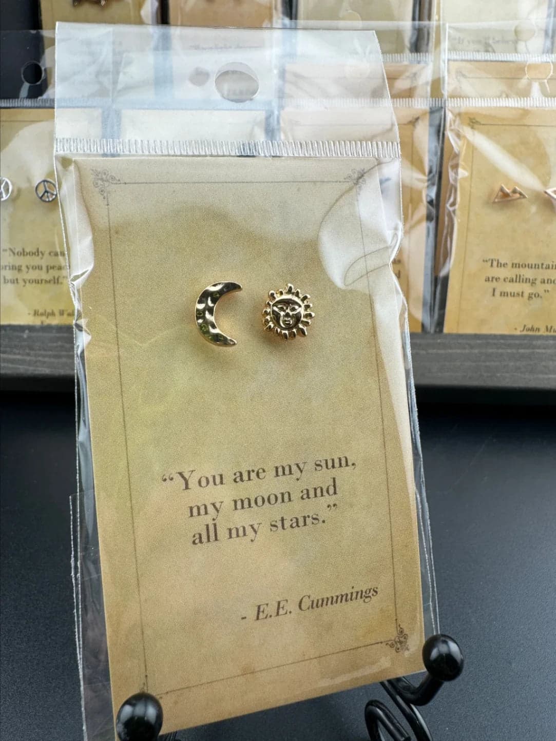 Bookish Quote Earrings - Gold Sun & Moon E.E. Cummings - Thumbnail 2