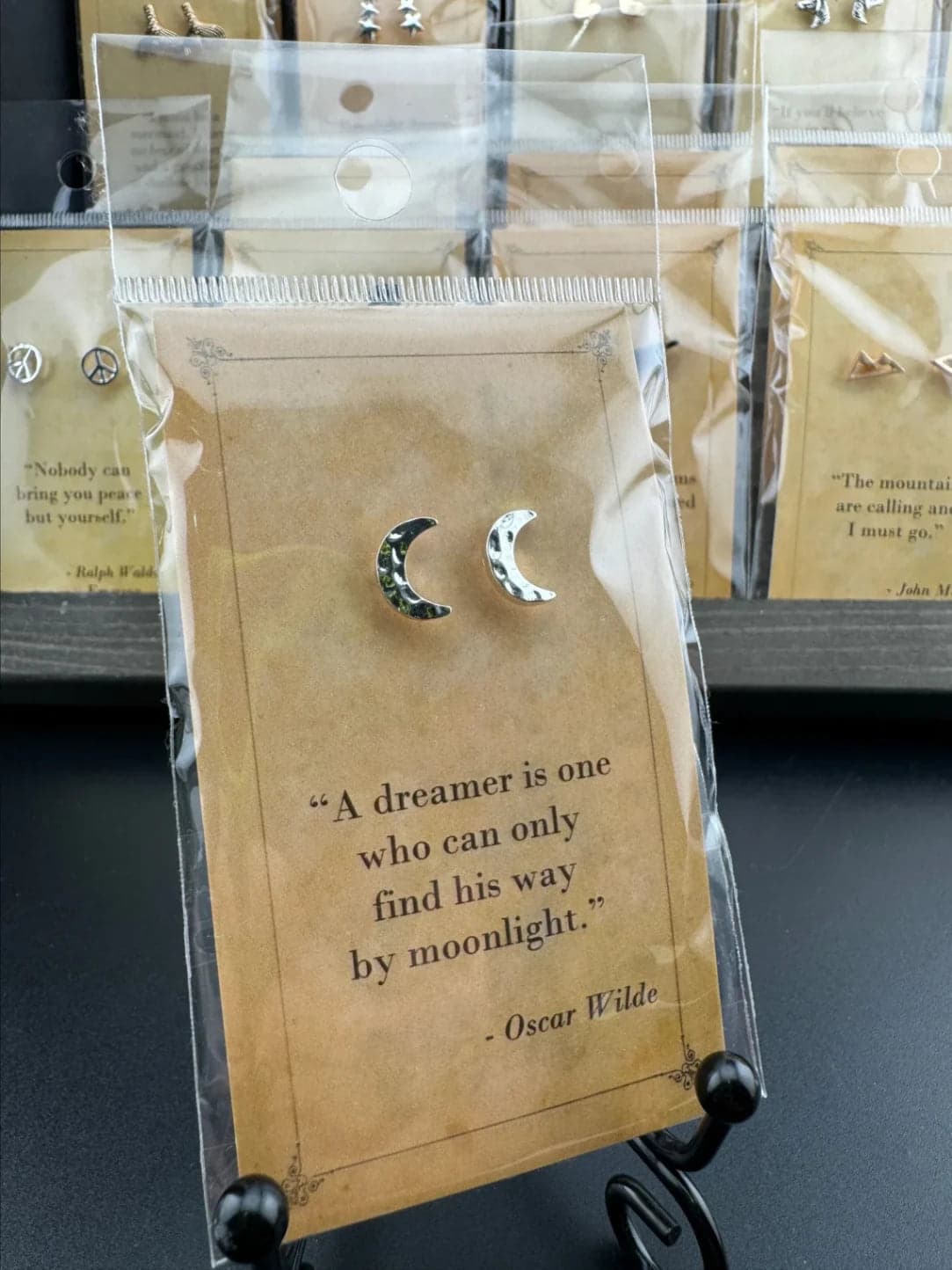 Bookish Quote Earrings - Silver Crescent Moon Oscar Wilde - Thumbnail 2
