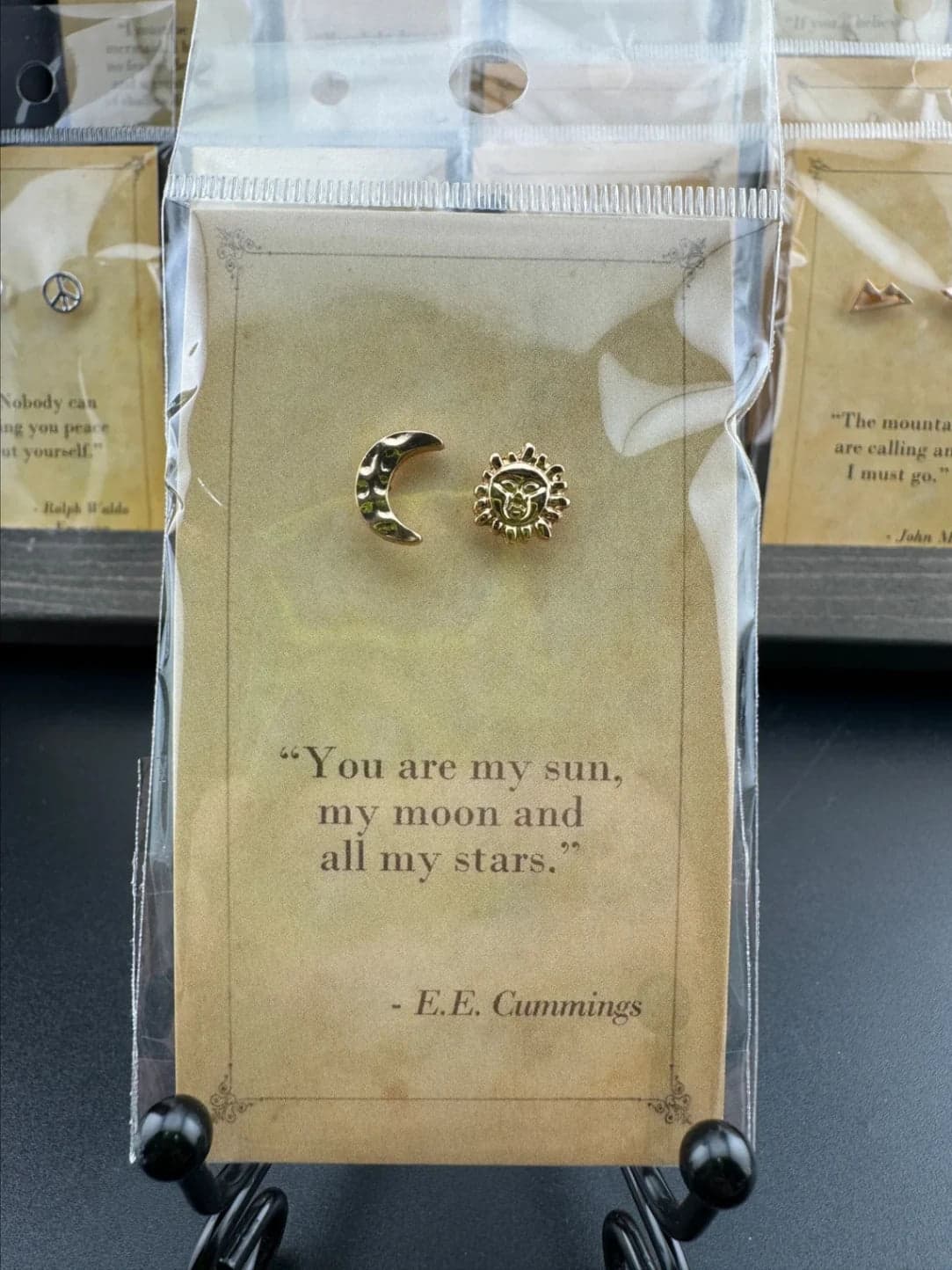 Bookish Quote Earrings - Gold Sun & Moon E.E. Cummings - Thumbnail 3