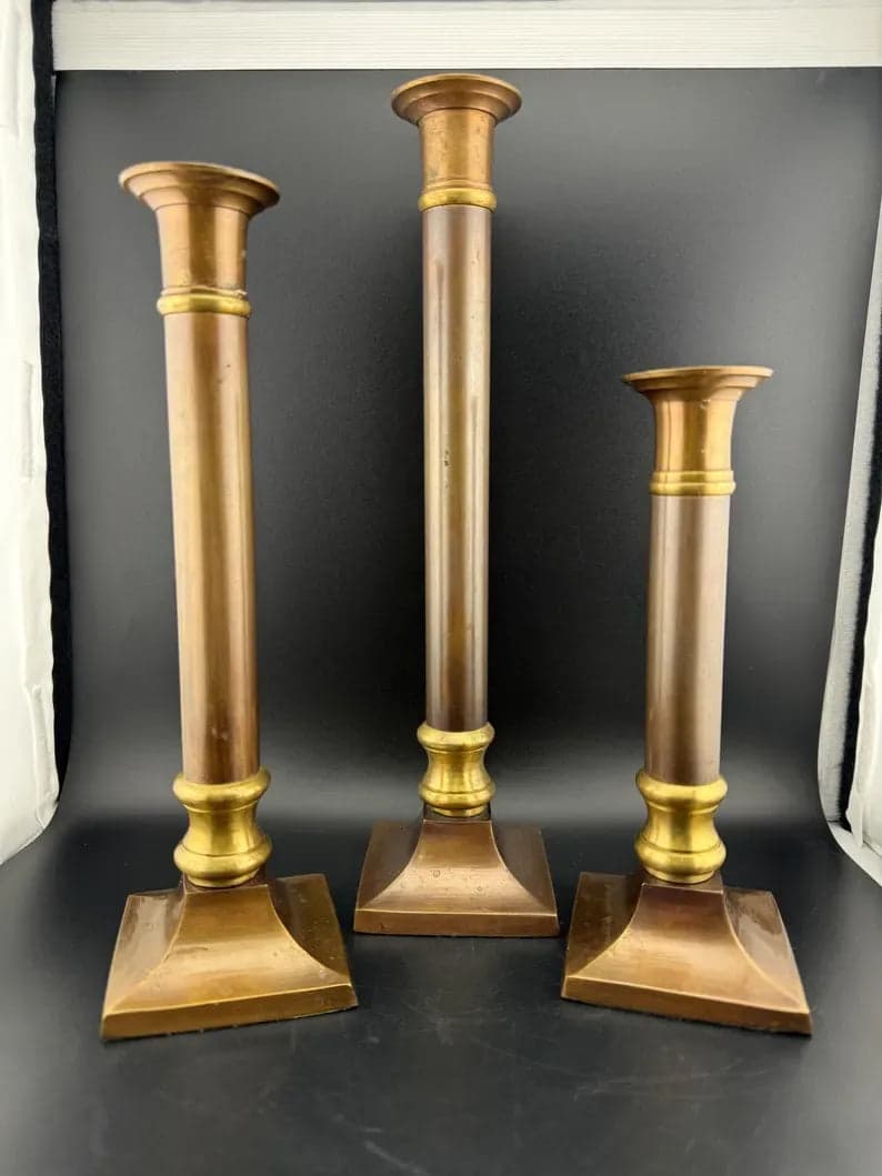 Set of 3 Two-Tone Brass Taper Candlesticks - Image 1
