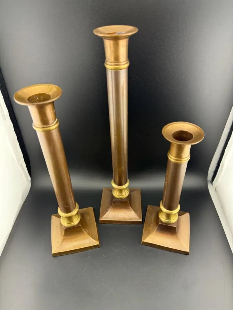 Set of 3 Two-Tone Brass Taper Candlesticks - Thumbnail 2