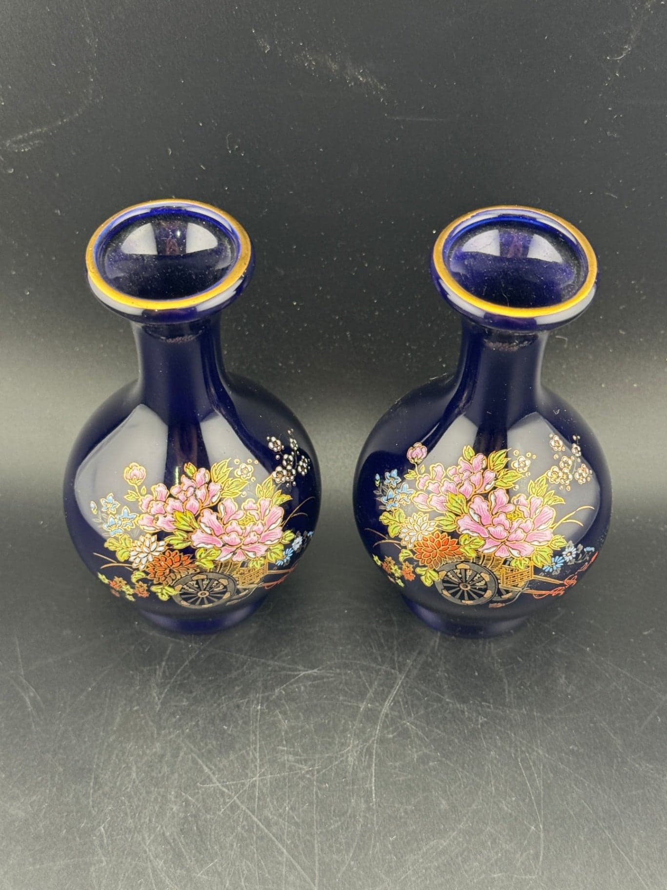 VTG Kutani Cobalt Blue Porc Vase Pair - Thumbnail 3