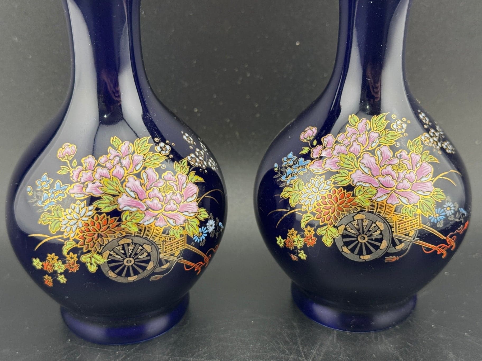 VTG Kutani Cobalt Blue Porc Vase Pair - Thumbnail 4
