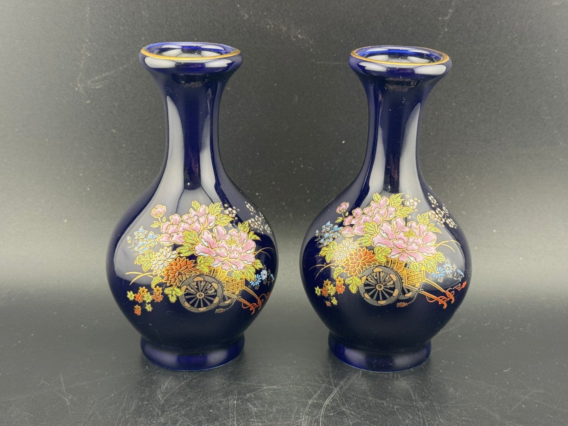 VTG Kutani Cobalt Blue Porc Vase Pair - Image 1