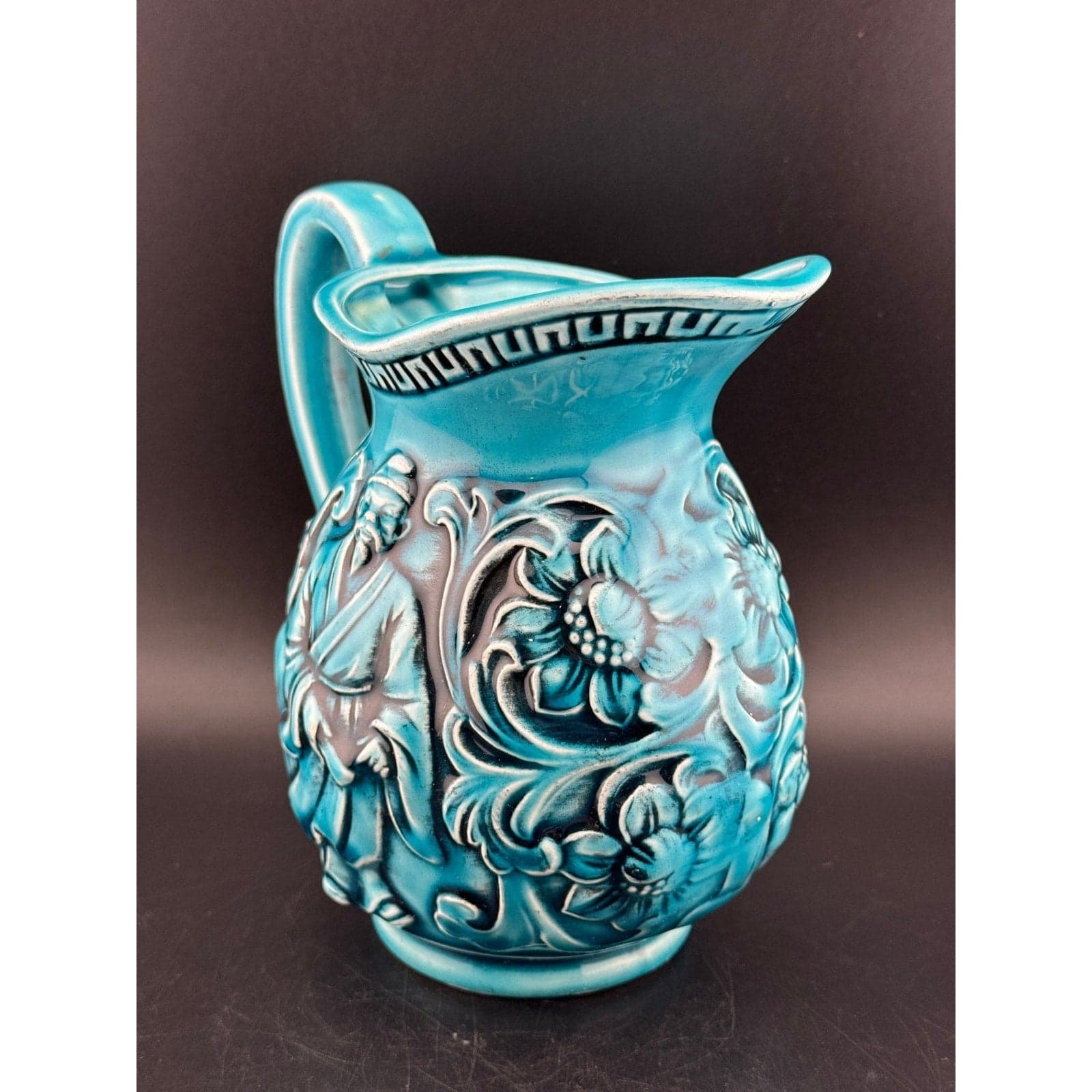 Vintage Japanese Majolica Teal Blue Pitcher - Thumbnail 2