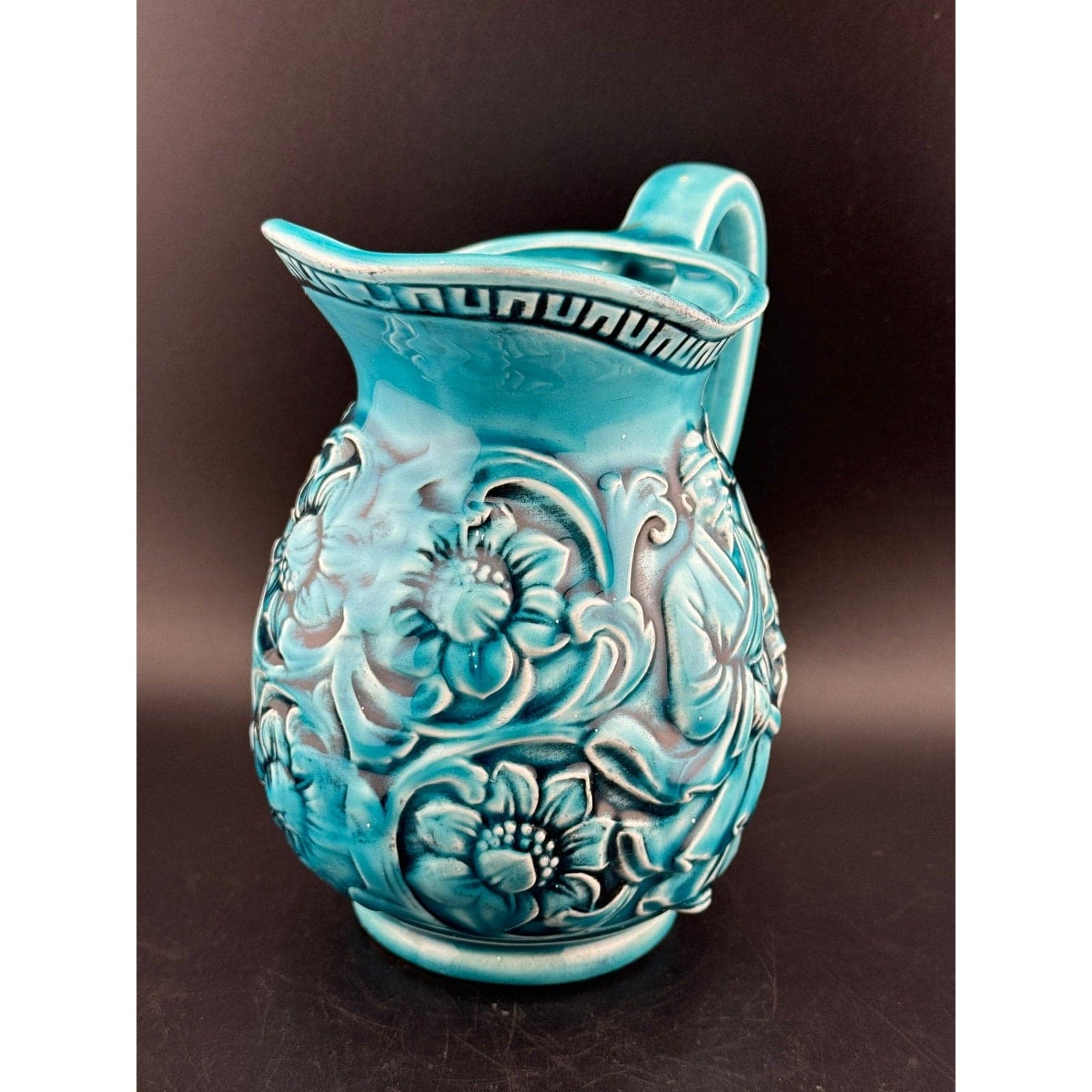 Vintage Japanese Majolica Teal Blue Pitcher - Thumbnail 3