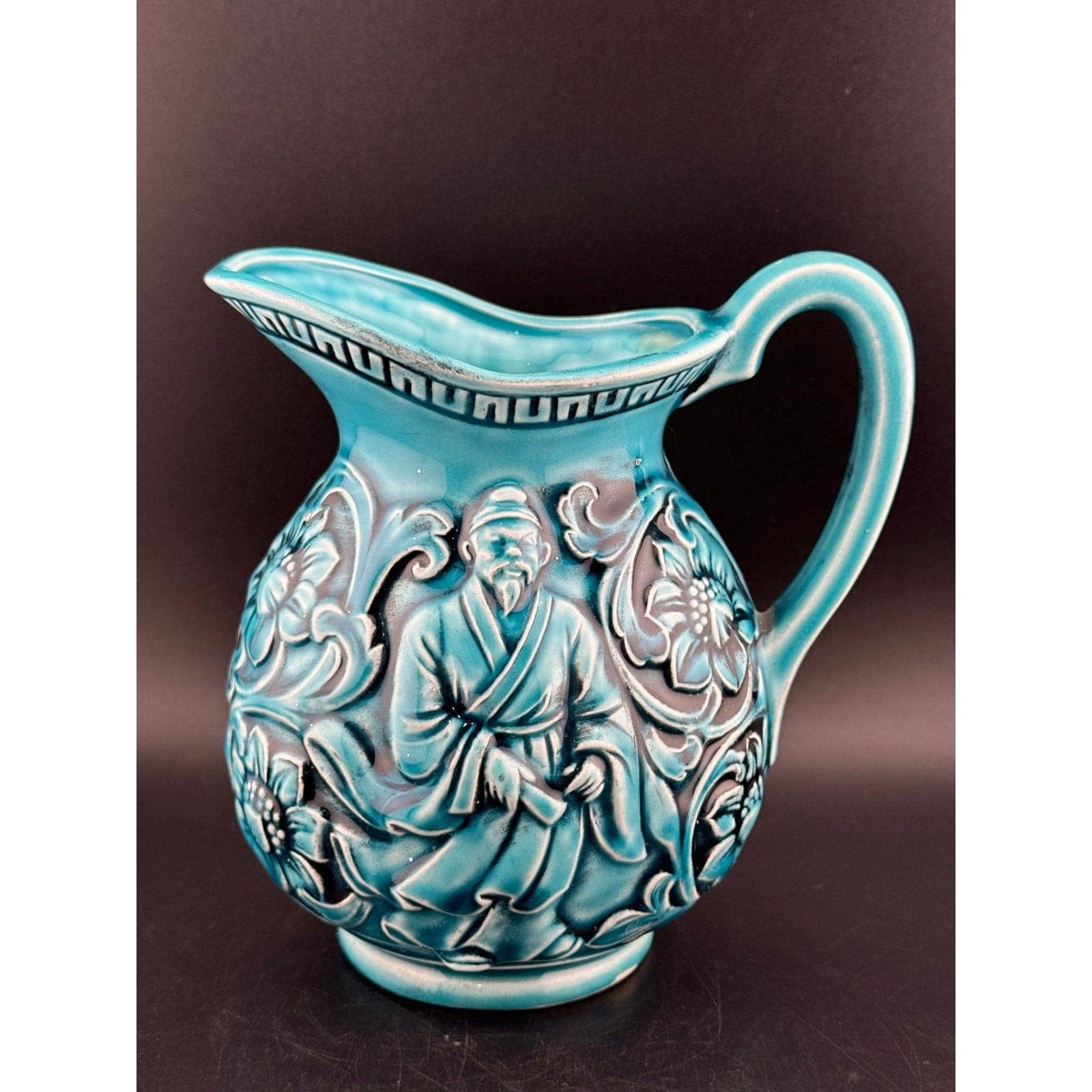 Vintage Japanese Majolica Teal Blue Pitcher - Thumbnail 4