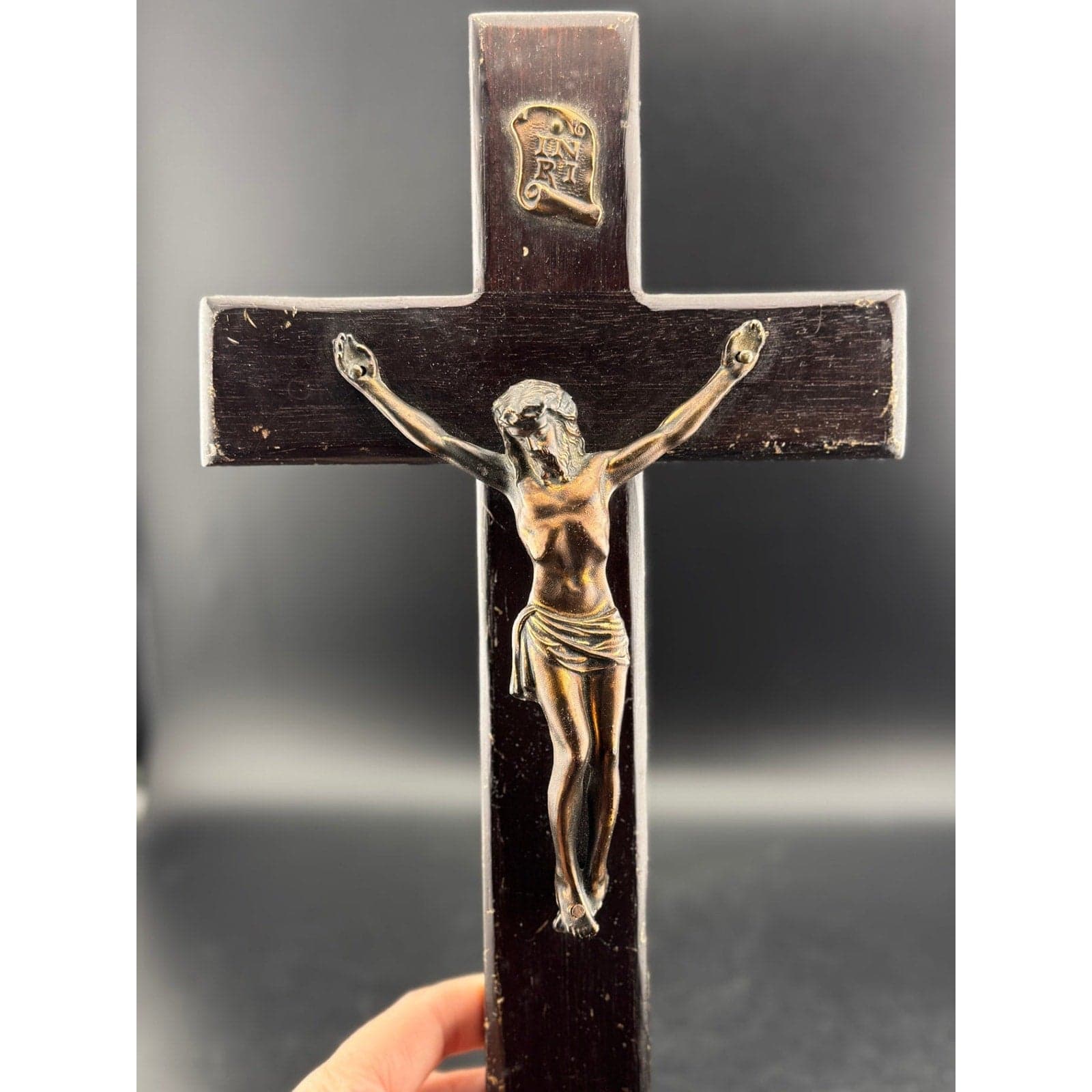 Vintage Wooden Crucifix with Metal Jesus - Thumbnail 3