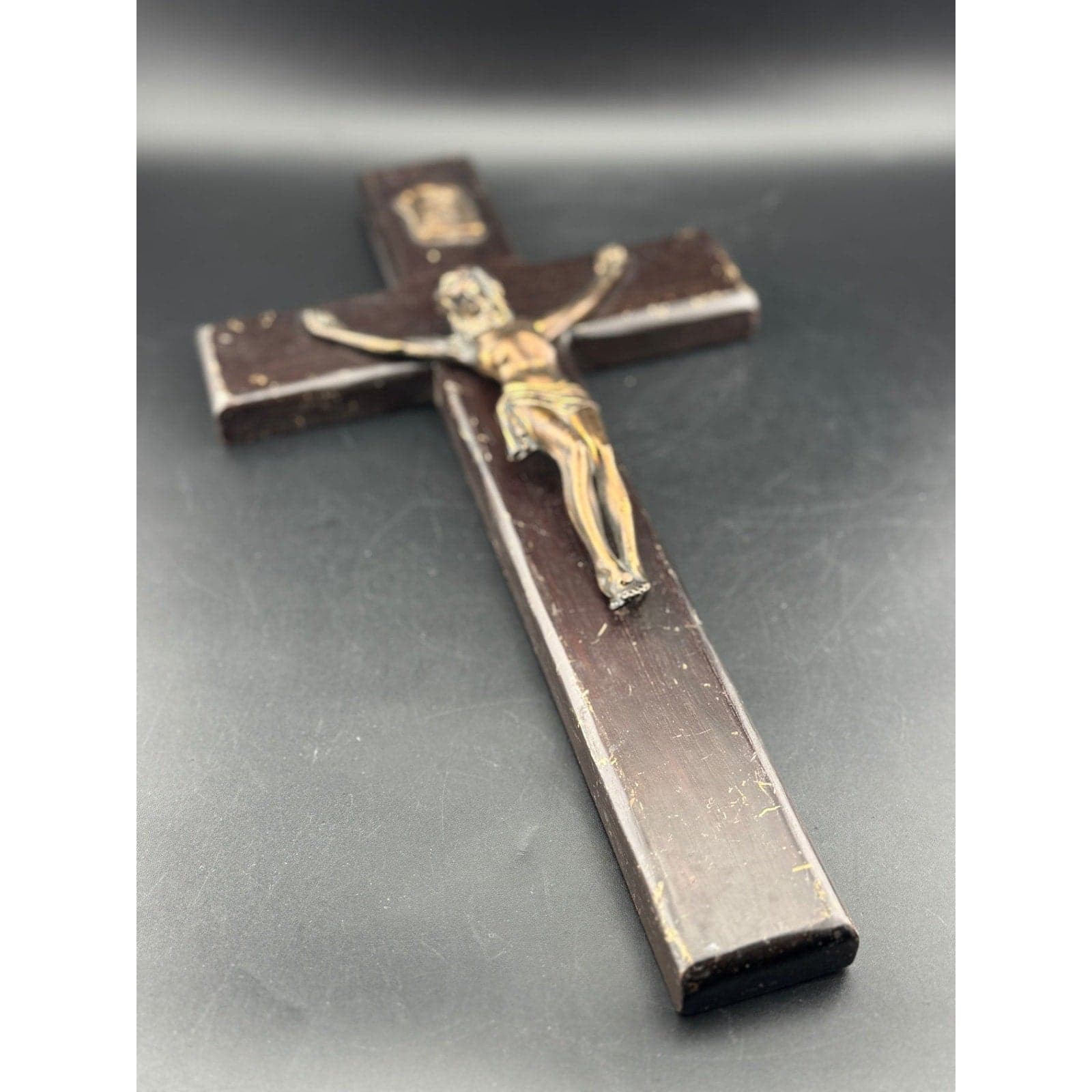 Vintage Wooden Crucifix with Metal Jesus - Image 1