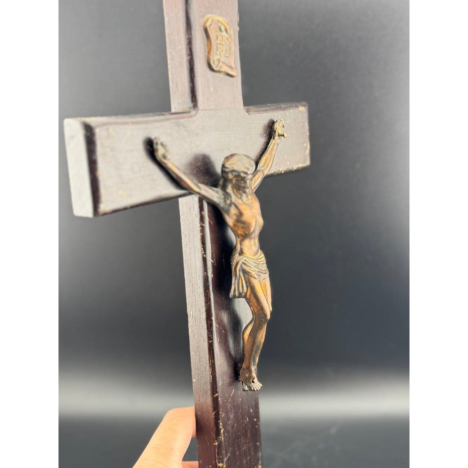 Vintage Wooden Crucifix with Metal Jesus - Thumbnail 4