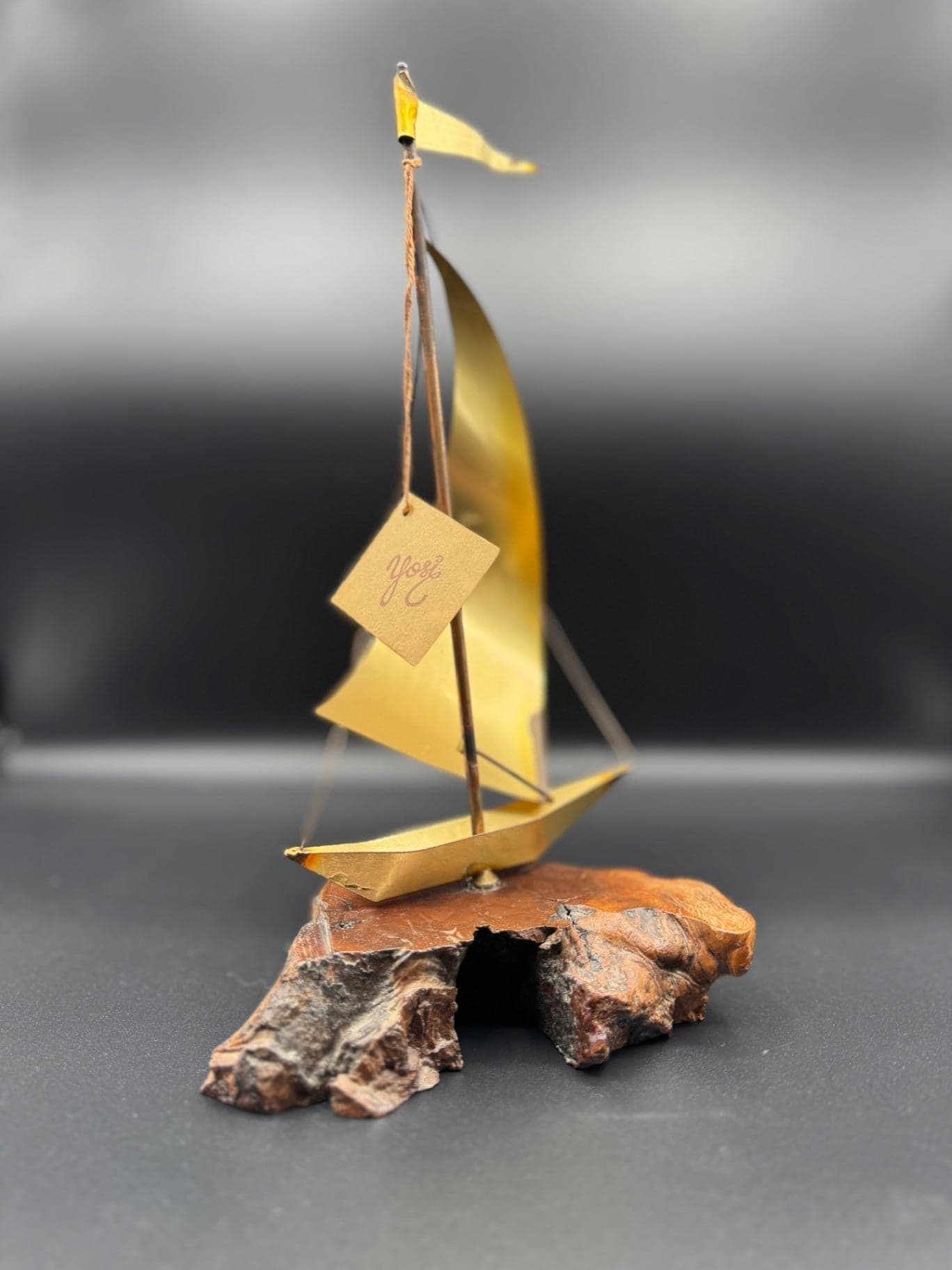 1981 Brass & Burlwood Sailboat Statue - Thumbnail 3