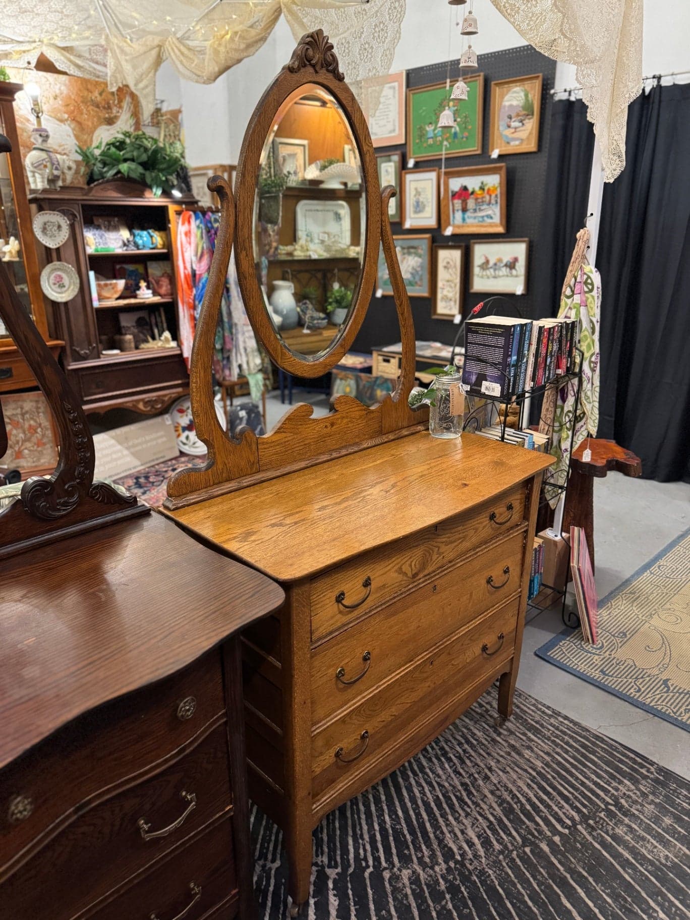 Oak 3-Drawer Dresser with Harp Mirror - Thumbnail 2