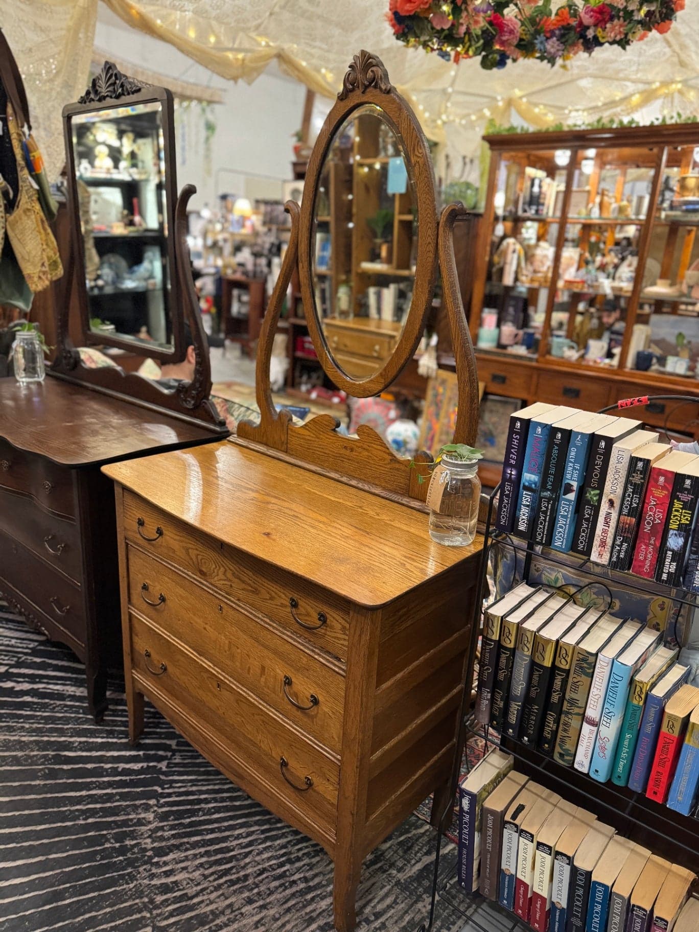 Oak 3-Drawer Dresser with Harp Mirror - Image 1