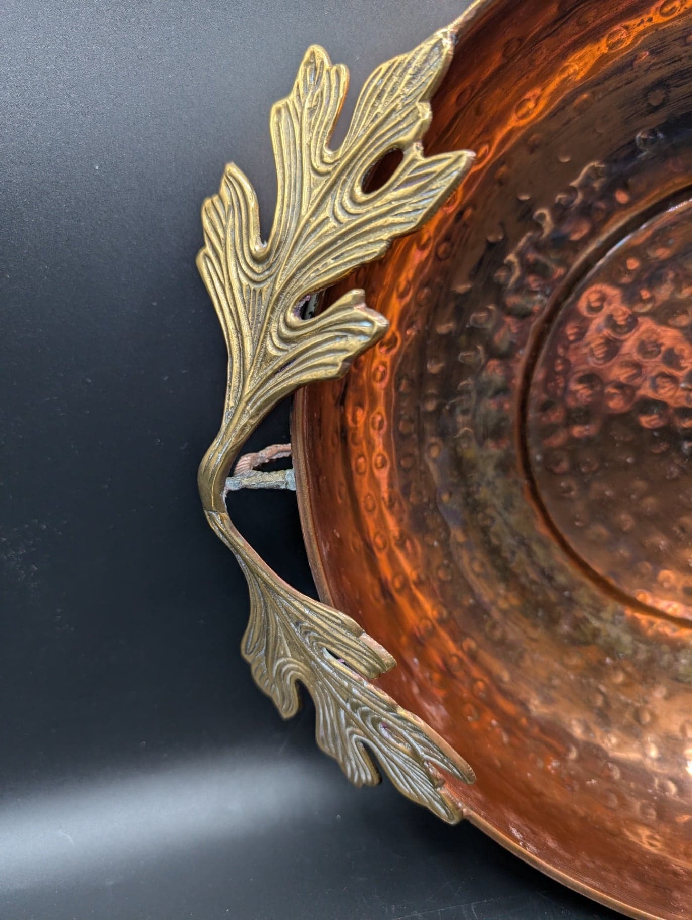 Hammered Copper Bowl w Brass Handles - Thumbnail 3