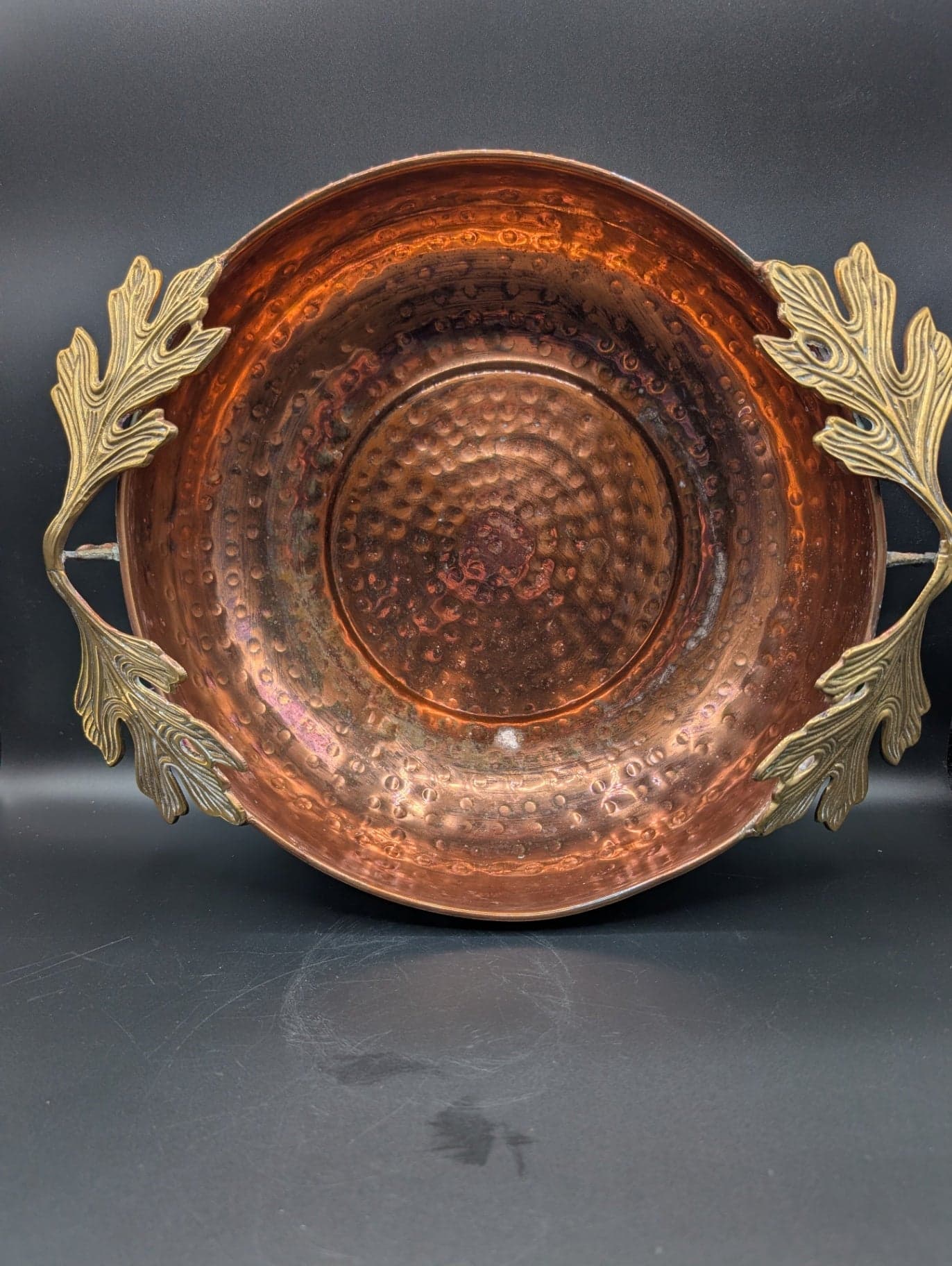 Hammered Copper Bowl w Brass Handles - Image 1