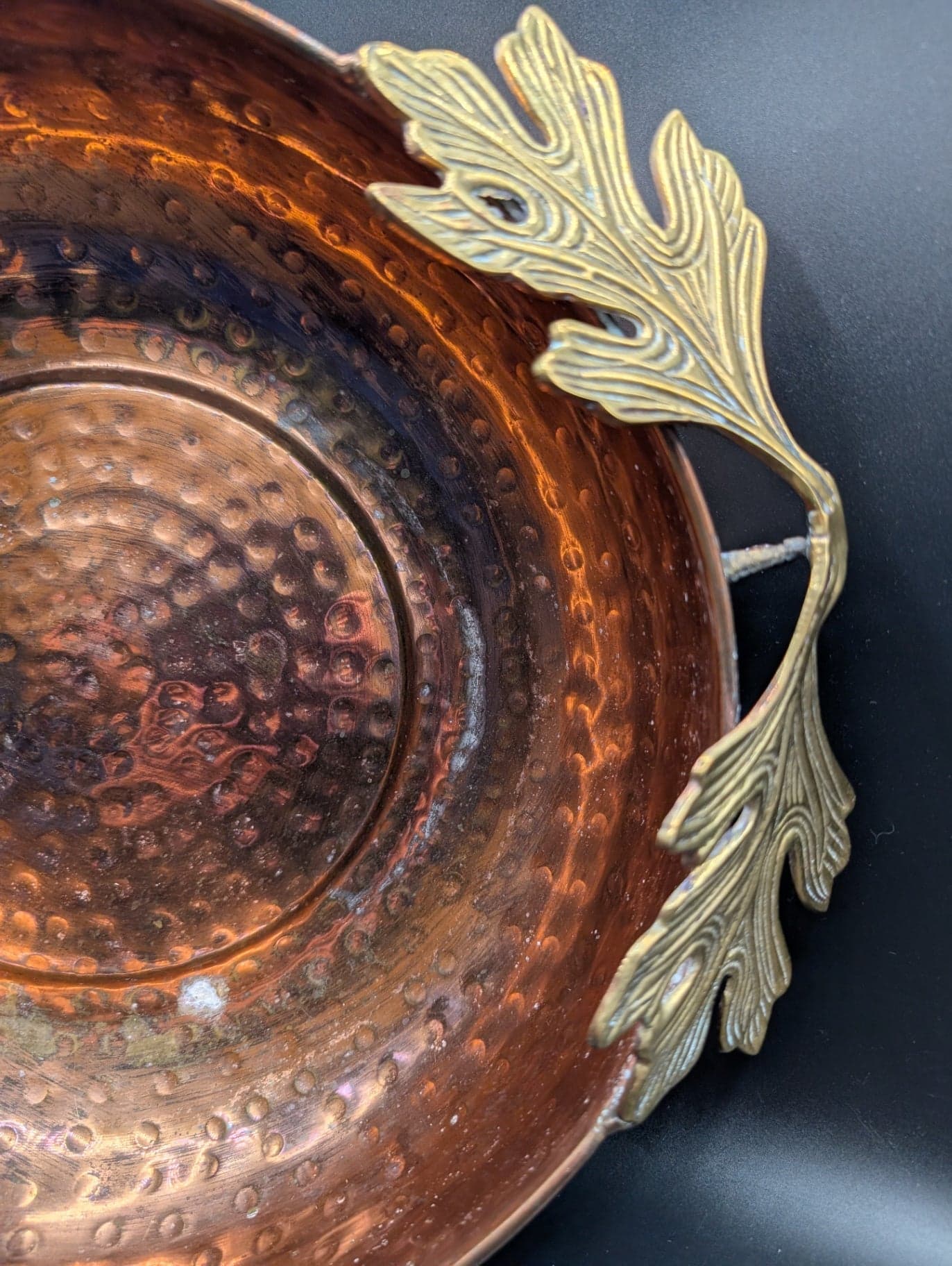 Hammered Copper Bowl w Brass Handles - Thumbnail 2