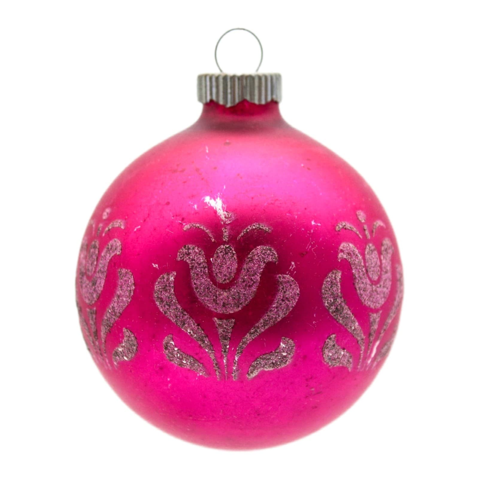 Shiny Brite Hot Pink Silver Mica Floral Motif Glass Christmas Ornament 2.5" - Image 1