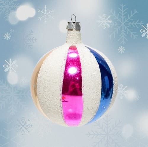 Vintage Mercury Round Beach Ball Blue Pink White Mica & Gold Glass Ornament - Image 1