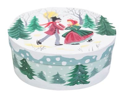 Vintage Hand Painted Ice Skating Winter Couple Oval Wooden Decorative Box - Image 1