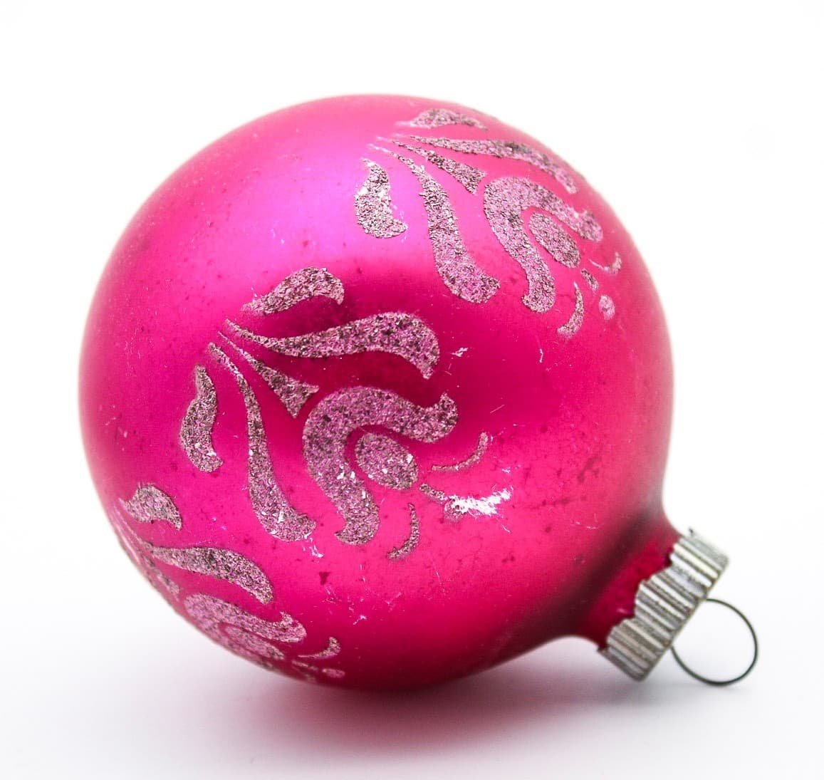 Shiny Brite Hot Pink Silver Mica Floral Motif Glass Christmas Ornament 2.5" - Thumbnail 2