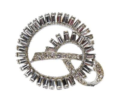 Vintage Silver Tone White Rhinestone Baguette Cut Spiral Motif Pin Brooch - Image 1
