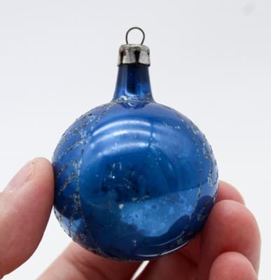 Vintage Made In Poland Mica Blue Indent Reflector Small Glass Christmas Ornament - Thumbnail 3
