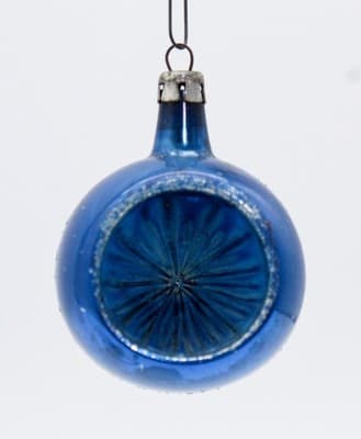 Vintage Made In Poland Mica Blue Indent Reflector Small Glass Christmas Ornament - Thumbnail 2
