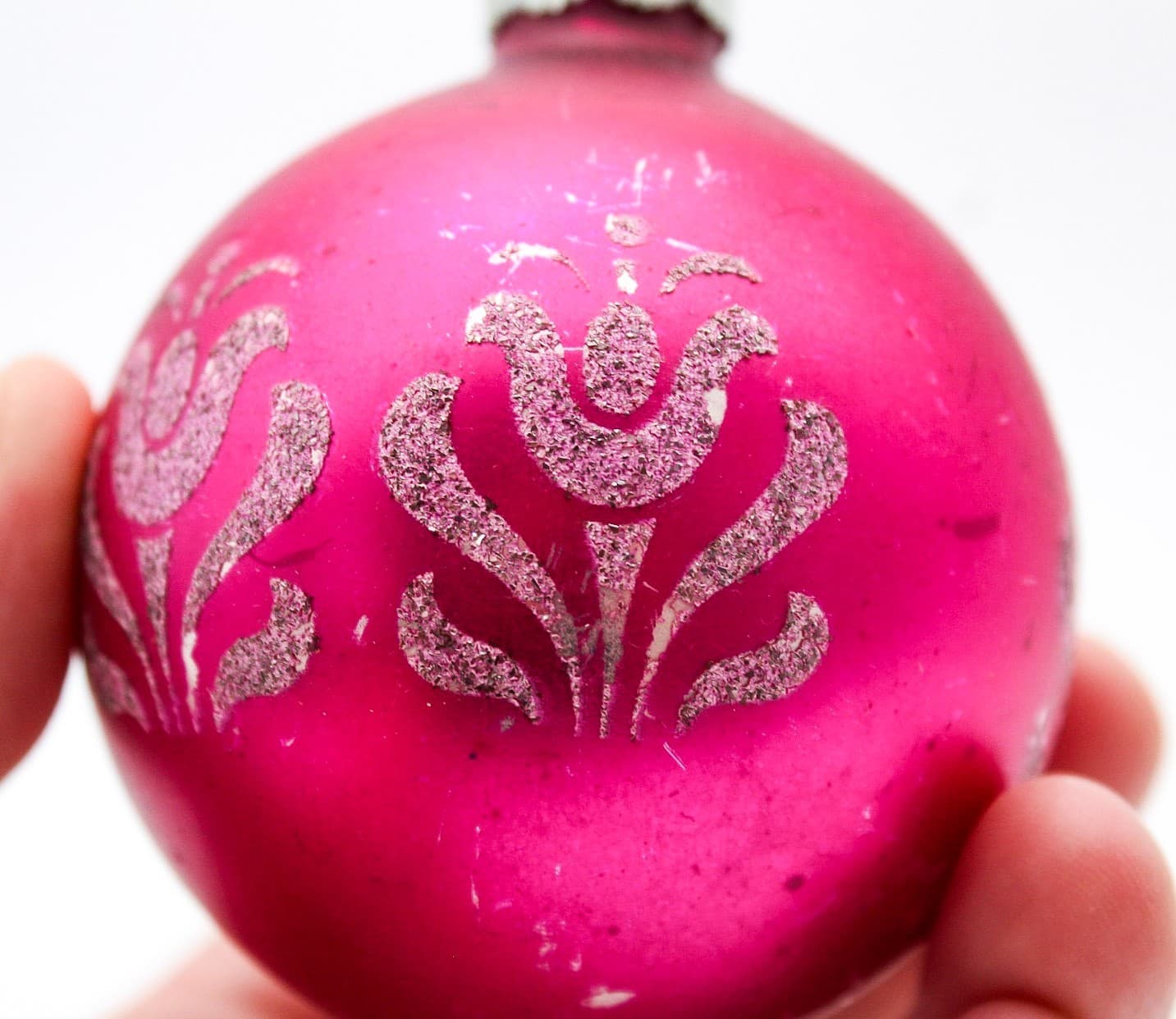 Shiny Brite Hot Pink Silver Mica Floral Motif Glass Christmas Ornament 2.5" - Thumbnail 5